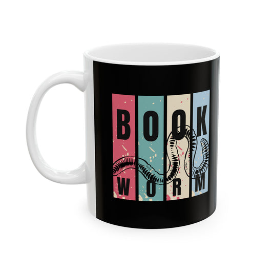 BOOK WORM Black Ceramic Mug, (11oz)